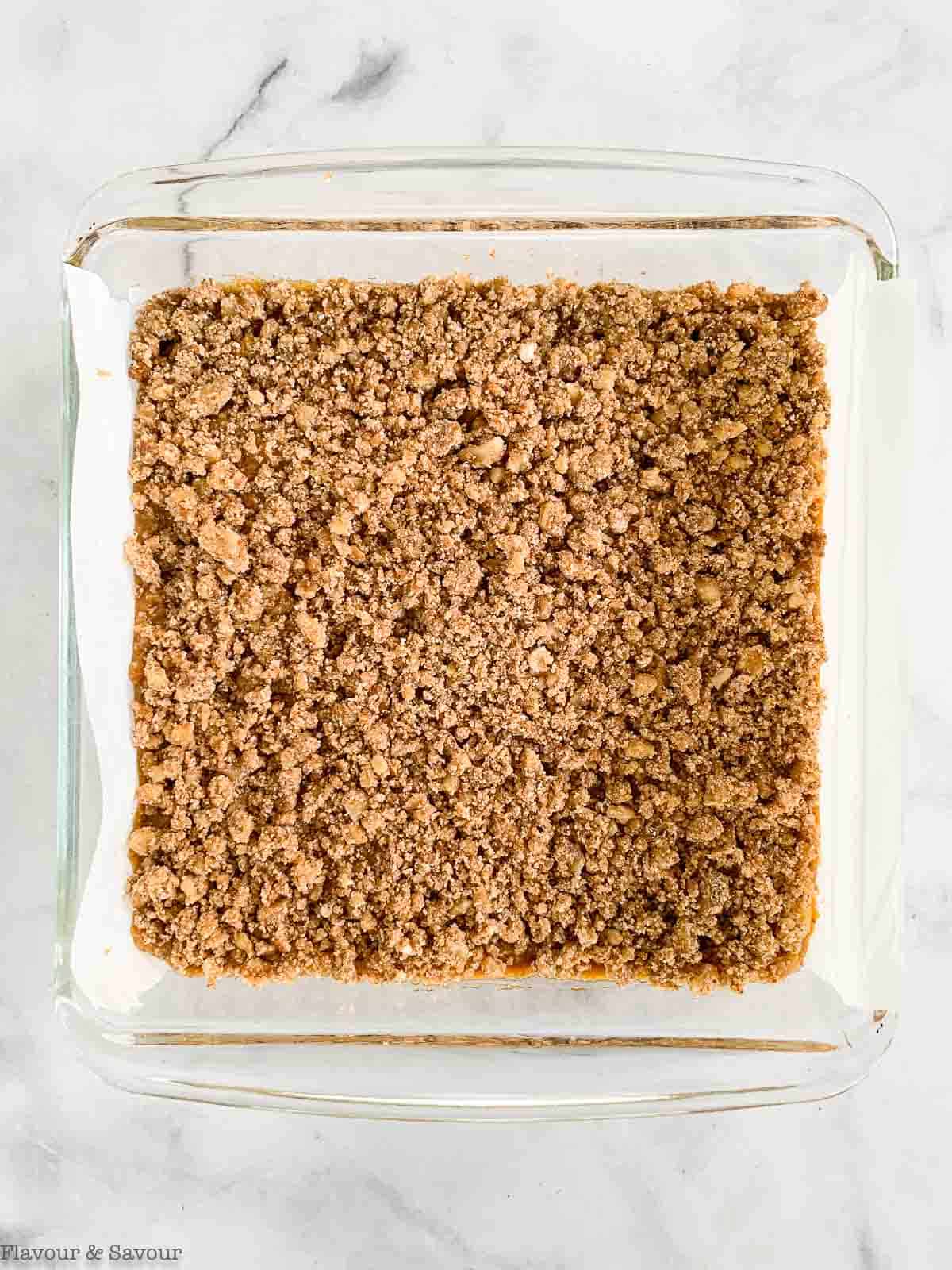 Spread the batter in a square pan and sprinkle with streusel topping.