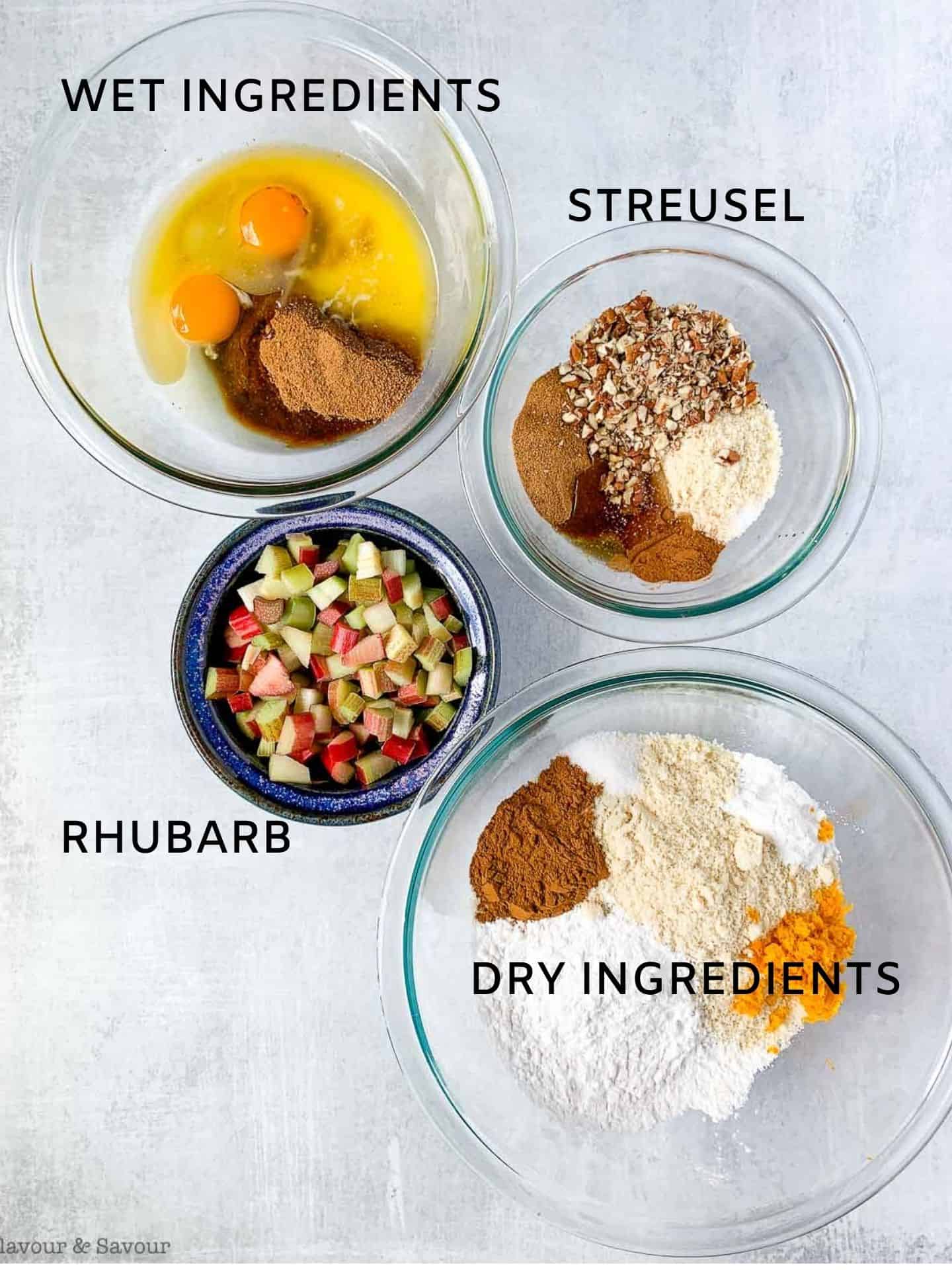 Ingredients for Gluten-free Rhubarb Streusel Muffins in bowls