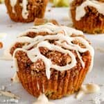 a Rhubarb Streusel Muffins with vanilla glaze