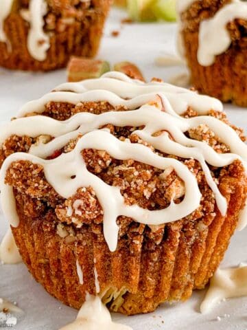 a Rhubarb Streusel Muffins with vanilla glaze