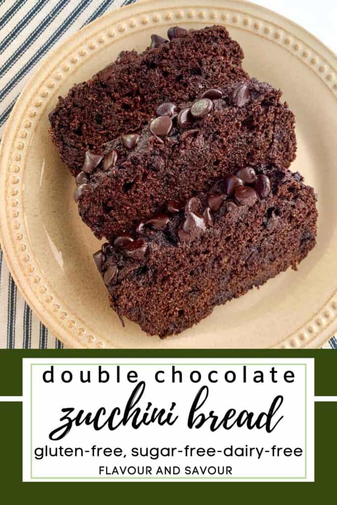 Image with text for gluten-free, sugar-free, dairy-free double chocolate zucchini bread.