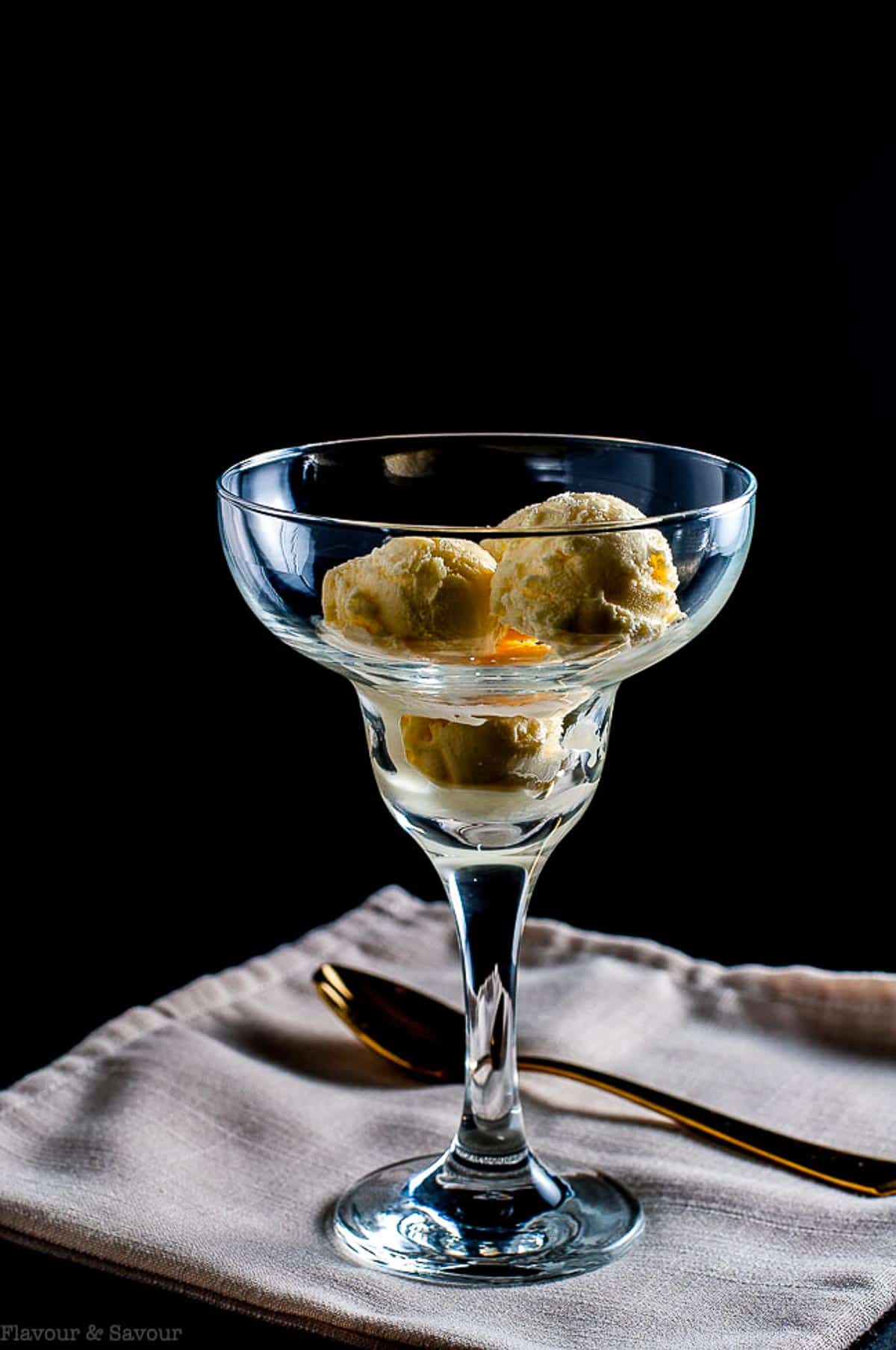 Scoops of gelato in a dessert glass.