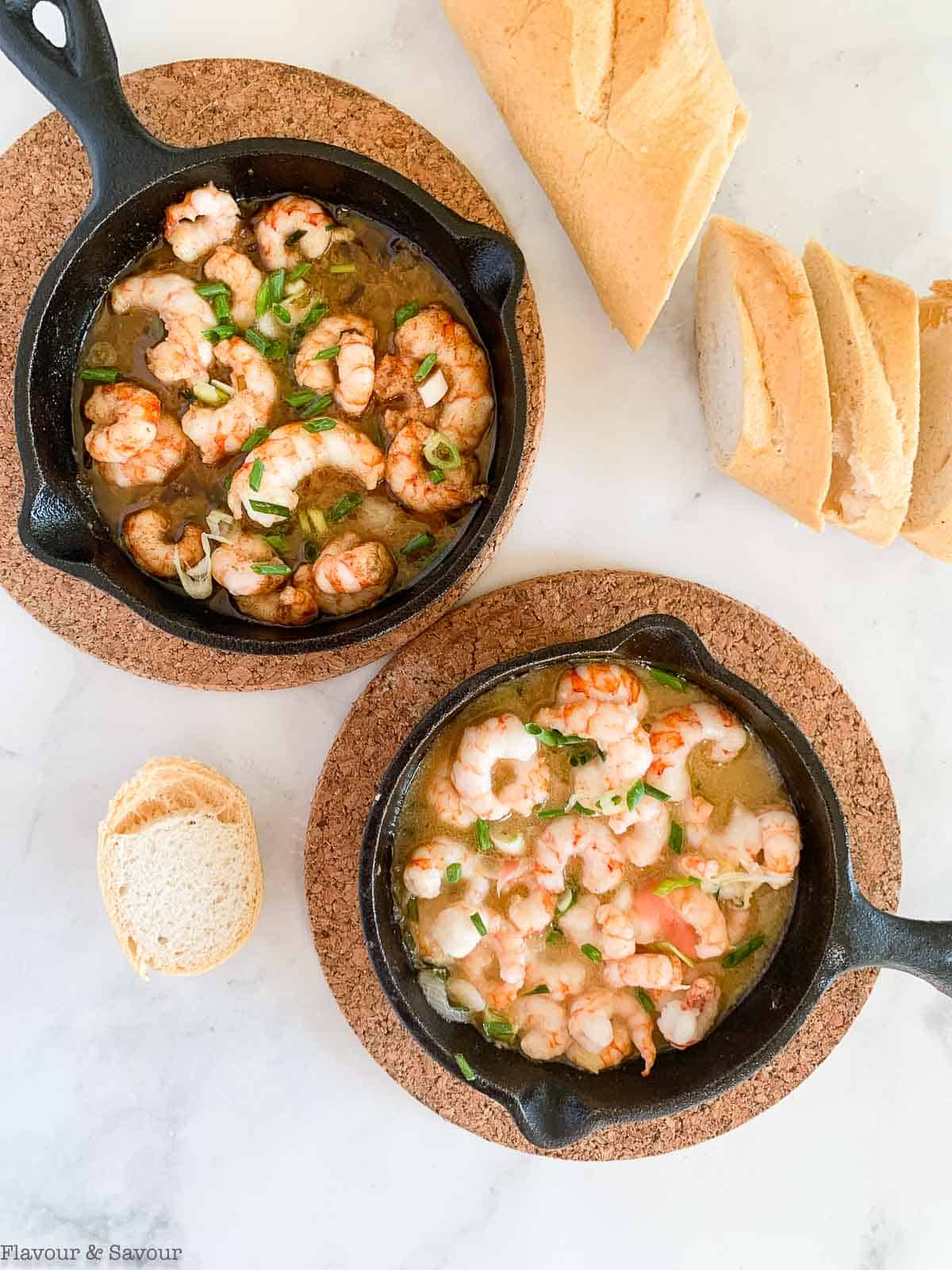 two mini cast iron skillets with gin-gingered prawns.