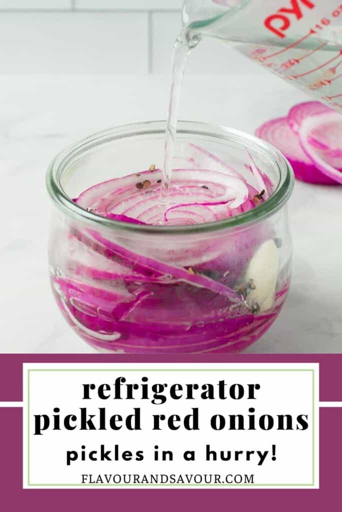 Image with text overlay for Refrigerator Pickled Red Onioins