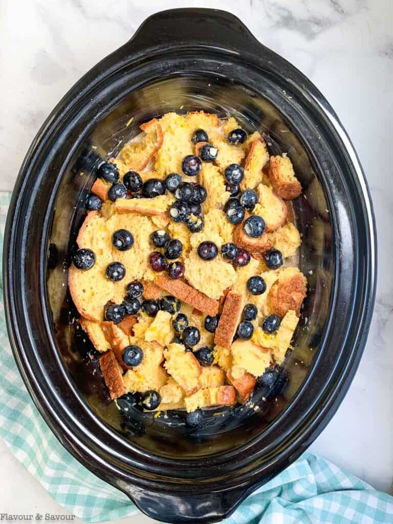 adding custard for Blueberry French Toast