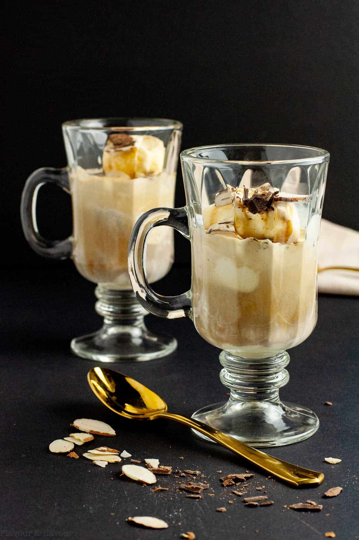 Affogato coffee glasses with gelato and espresso.