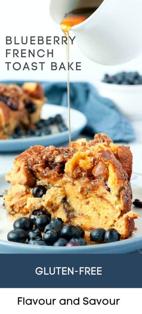 Image with text for blueberry French toast bake.