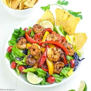 Shrimp Fajita Salad with tortilla chips.