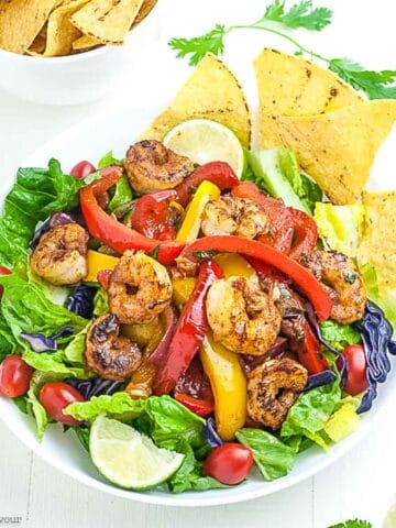 Shrimp Fajita Salad with tortilla chips.