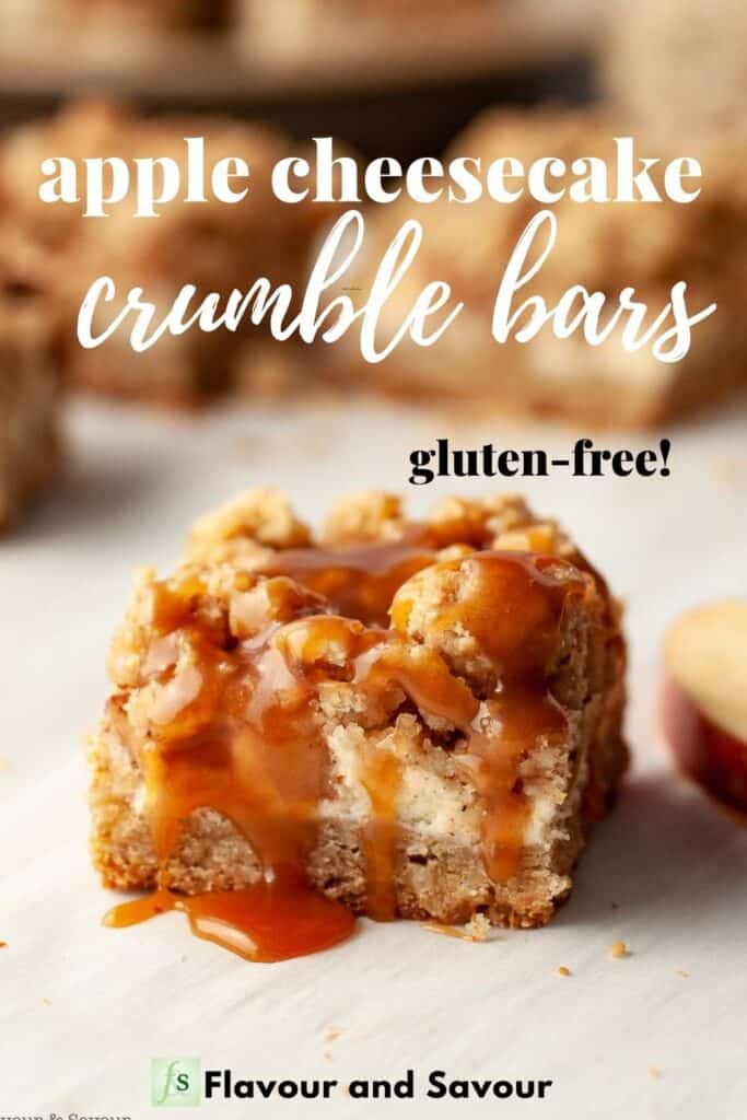 image with text overlay for apple cheesecake crumble bars