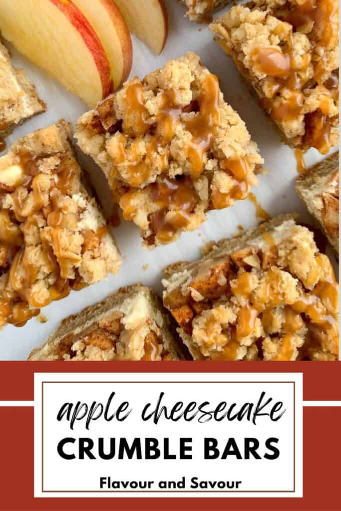 Image with text for apple cheesecake crumble bars.