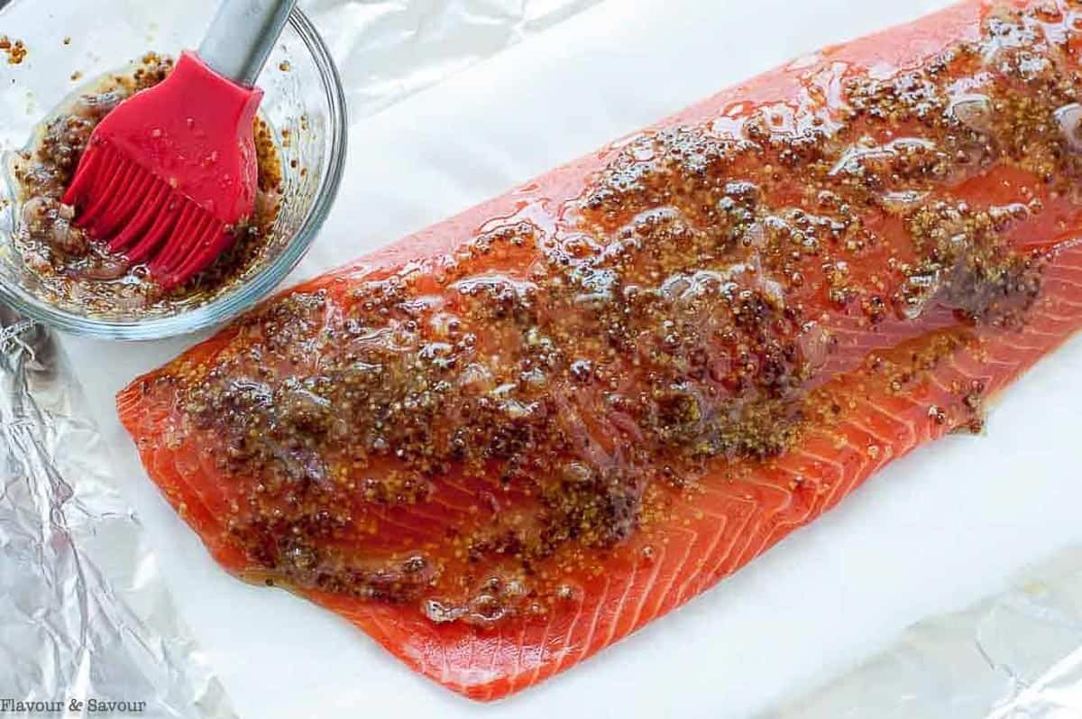 A wild salmon fillet brushed with honey dijon glaze.