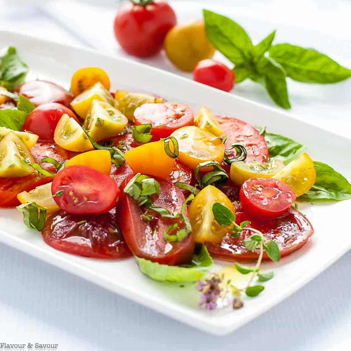 Heirloom tomato salad with fresh herbs on a white platter.