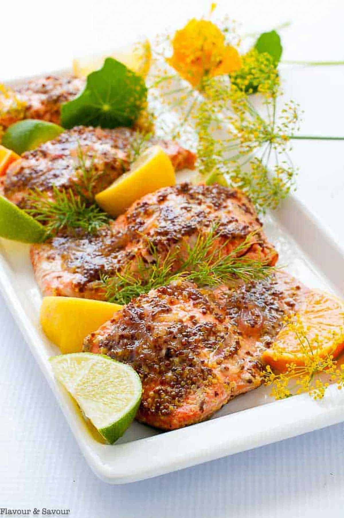 Four salmon fillets on a platter garnished with lemon and lime slices and fresh dill.