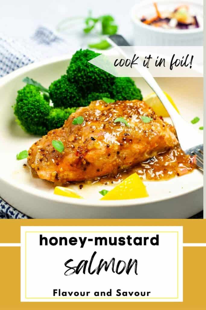 Honey Mustard Salmon filet on a plate with broccoli.