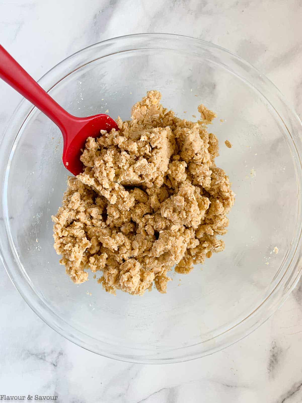 Batter for shortbread base for apple cheesecake crumble bars.