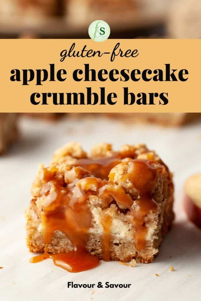 image of apple cheesecake crumble bars with text overlay