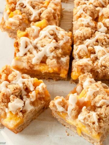 Gluten Free Peach Crumble Bars with vanilla frosting
