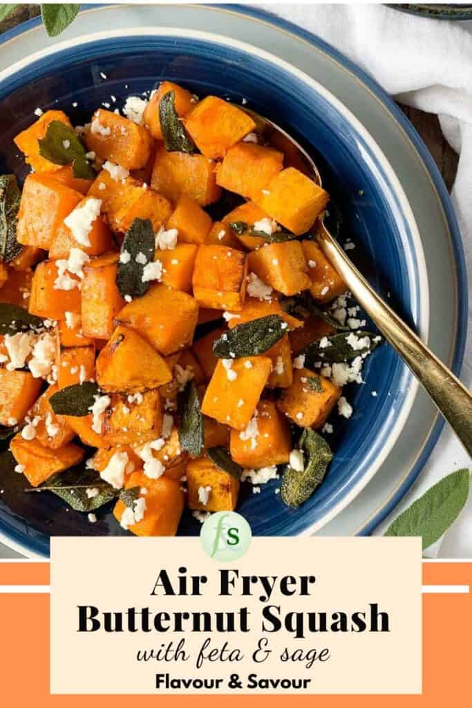 image with text overlay for Air Fryer Butternut Squash with Feta and Sage