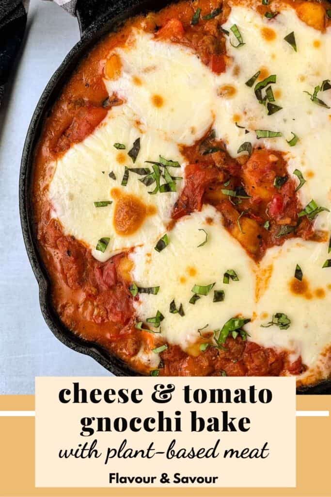 image with text for cheesy tomato gnocchi bake