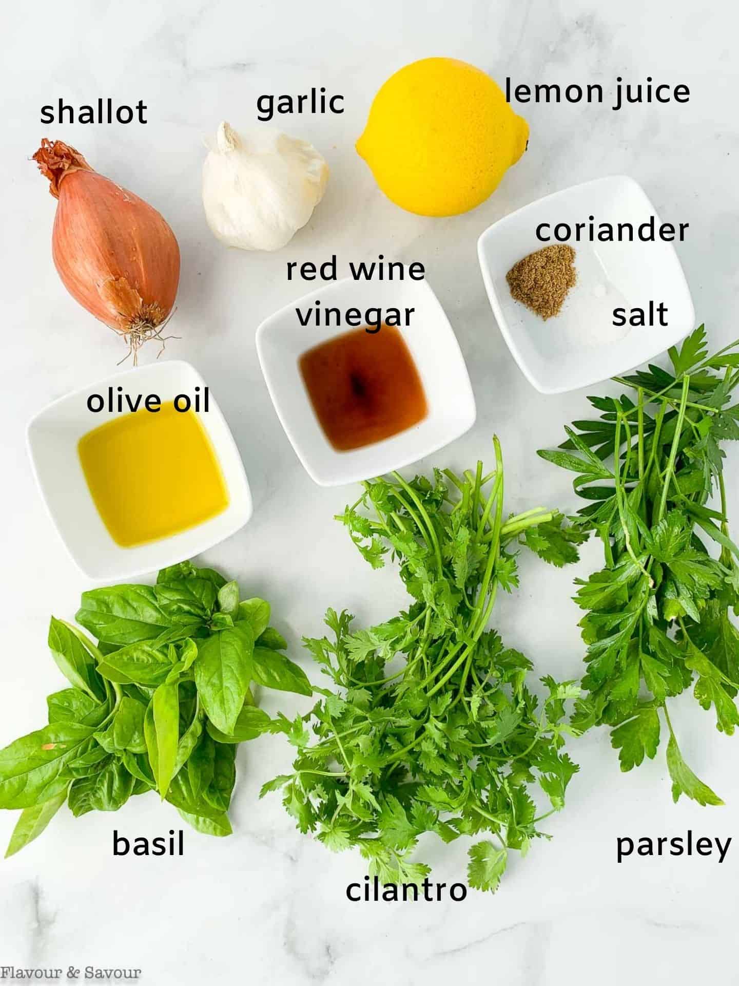 Labelled ingredients for chimichurri sauce.