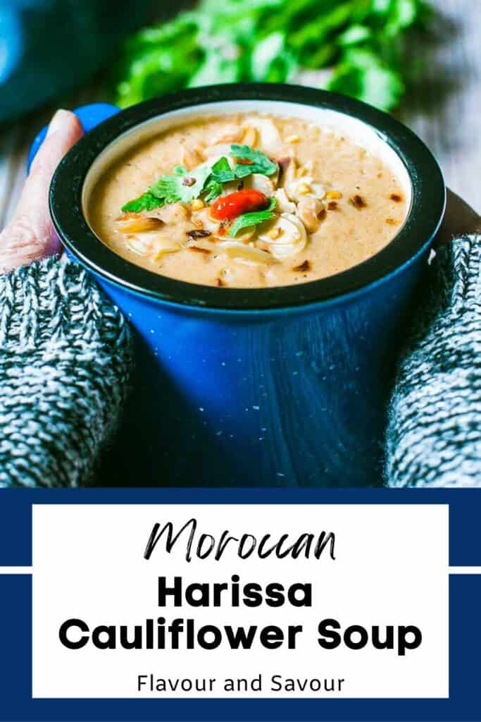 Image and text for Moroccan Harissa Cauliflower Soup.