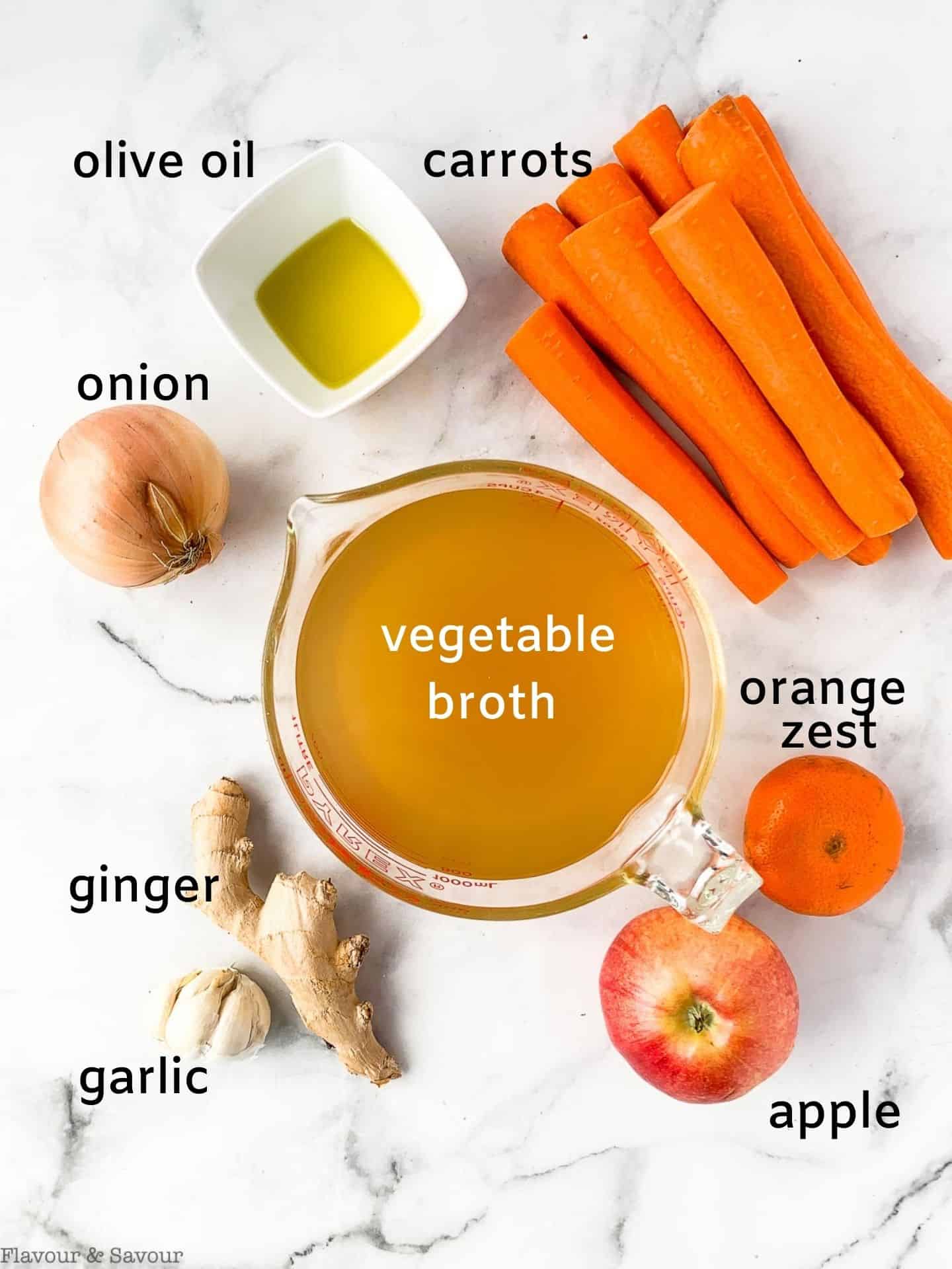 Labeled ingredients for carrot ginger soup.