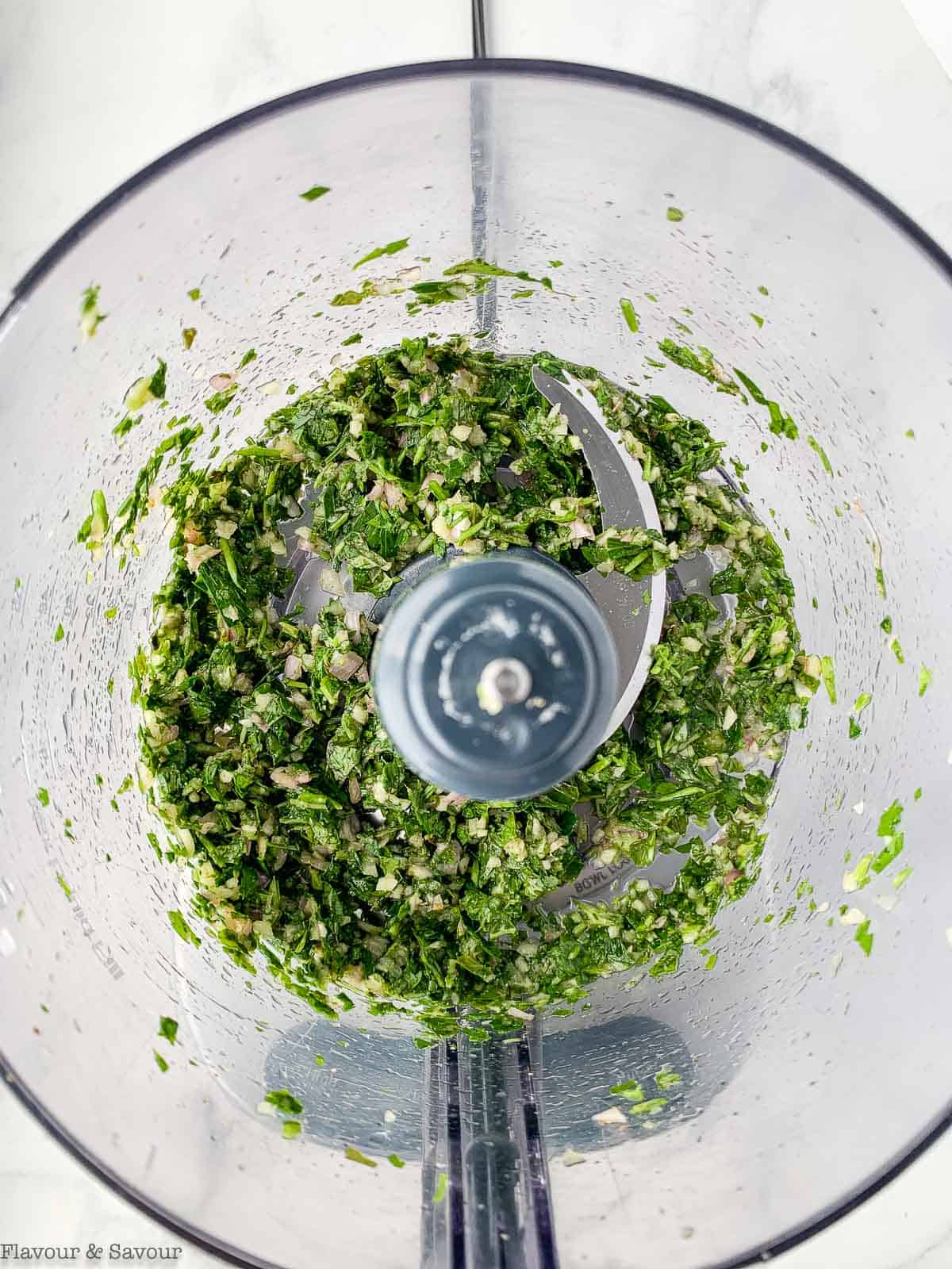 Chimichurri sauce chopped coarsely in food processor.
