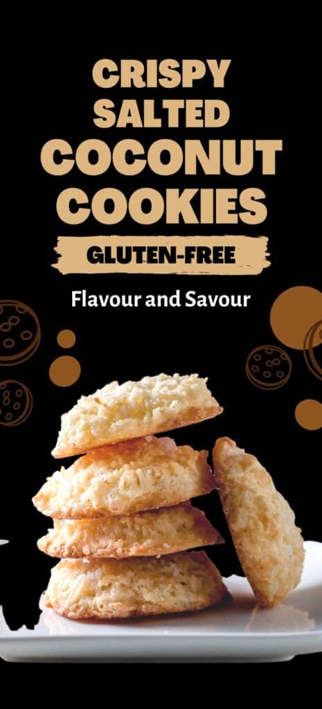 A stack of crispy salted coconut cookies with text overlay.