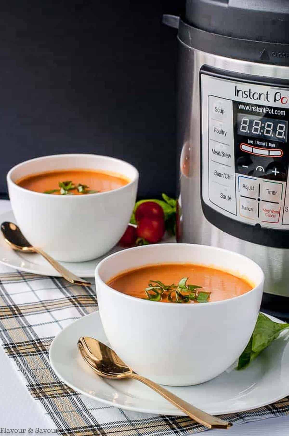 Two bowls of tomato soup beside an Instant Pot