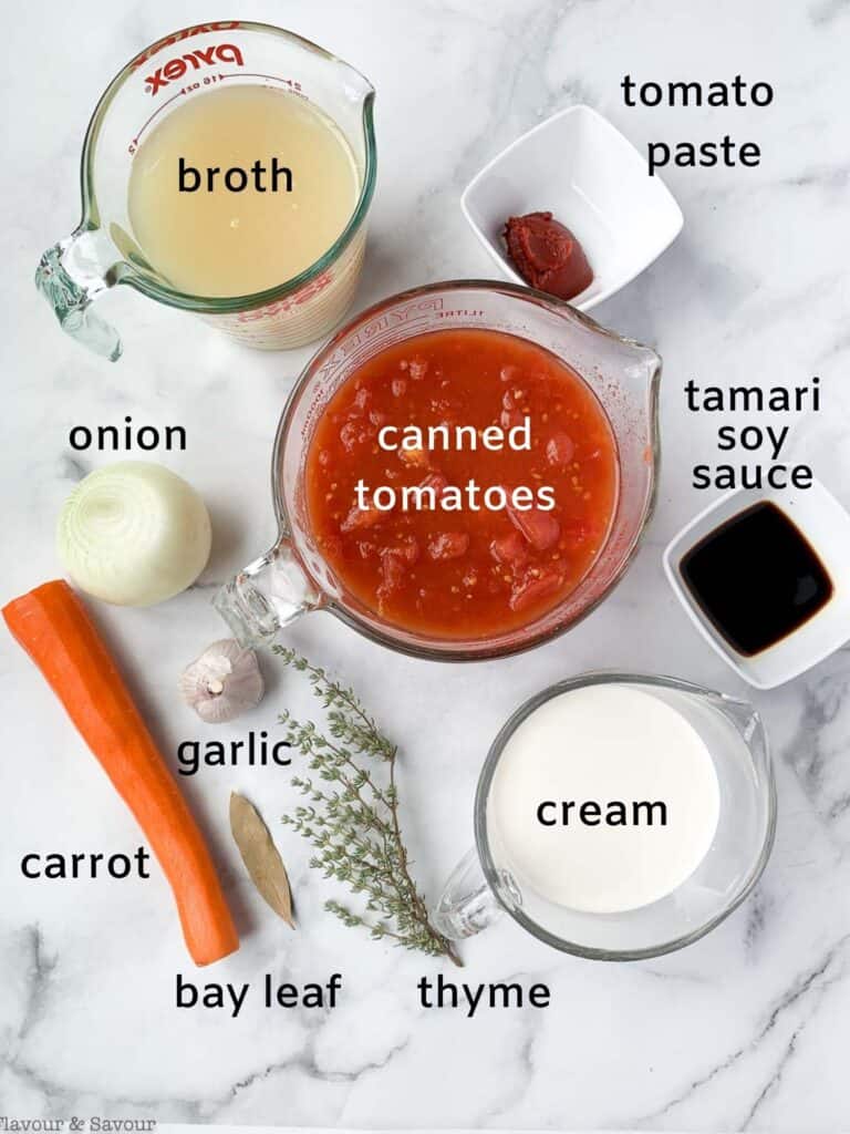 labeled ingredients for tomato soup cooked in an instant pot