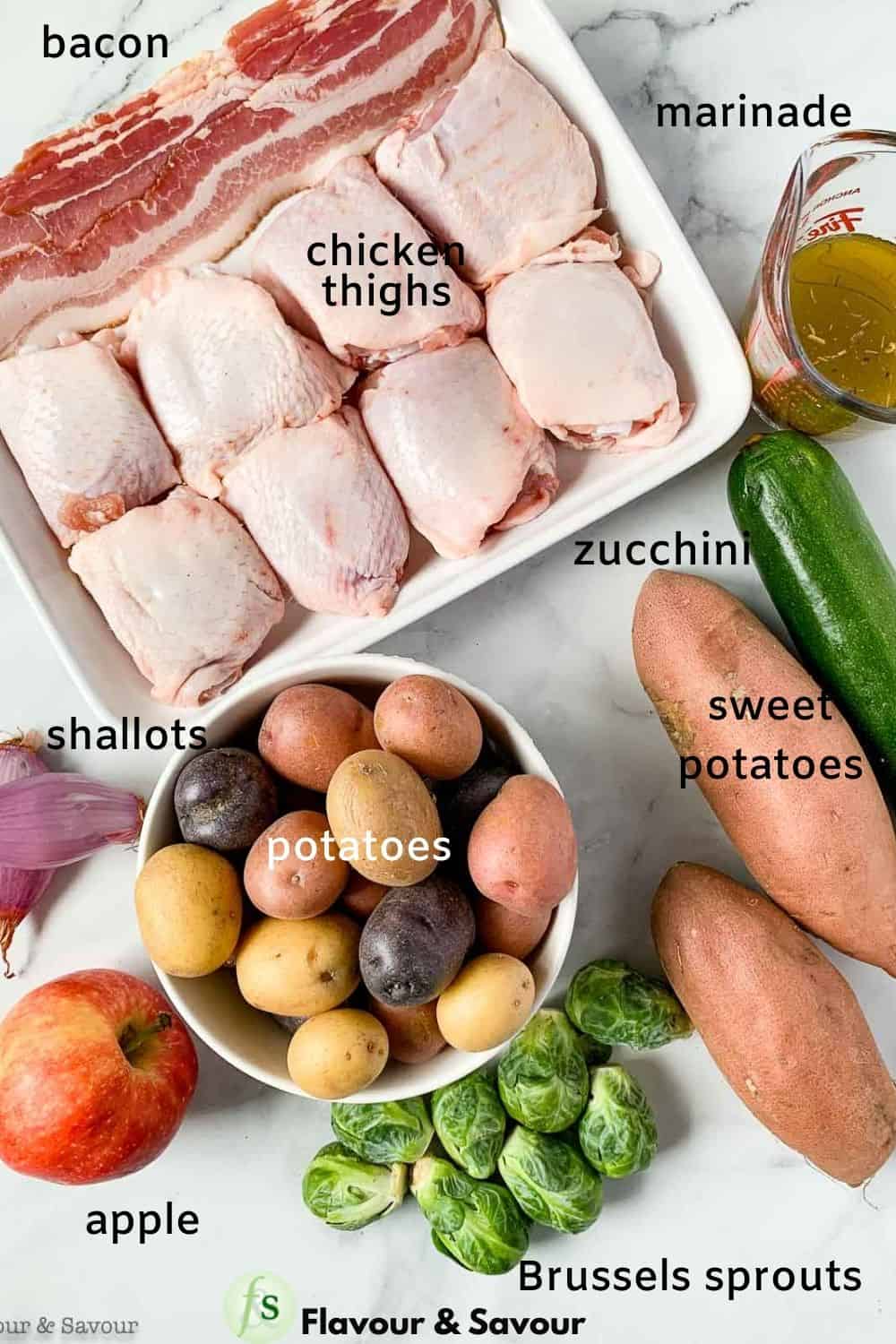 Ingredients for sheet pan chicken and roasted harvest vegetables.