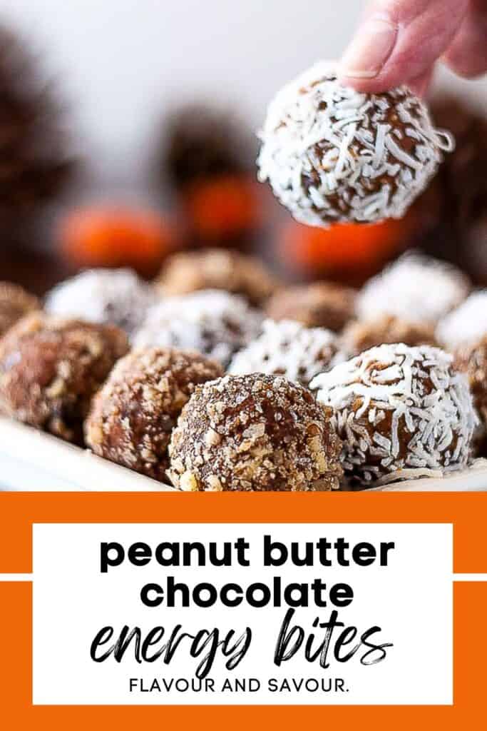 Image with text for peanut butter pumpkin energy bites.