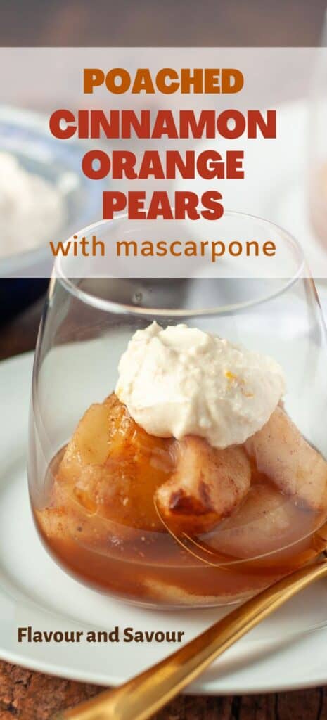 Image with text for poached cinnamon orange pears with maple mascarpone.
