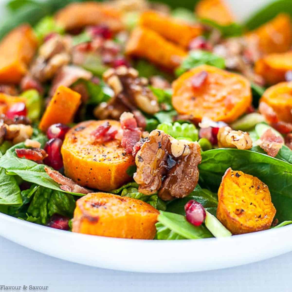 close up view of spinach salad with roasted sweet potatoes, maple walnuts, bacon and pomegranates.