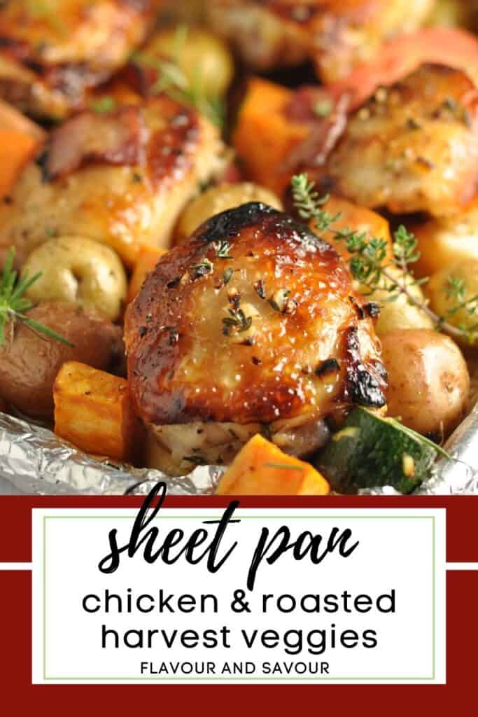 Image with text for sheet pan chicken and roasted veggies