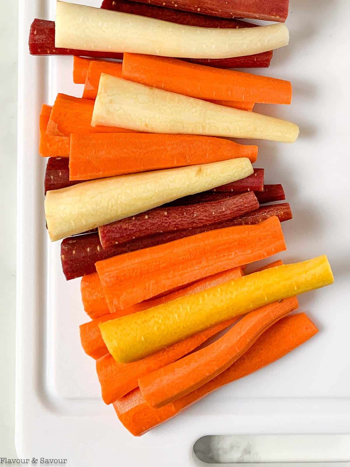 Peeled and sliced rainbow carrots.