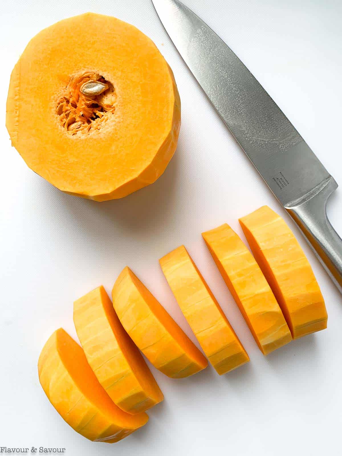 How to cut butternut squash, step 3: Slice into half moons.