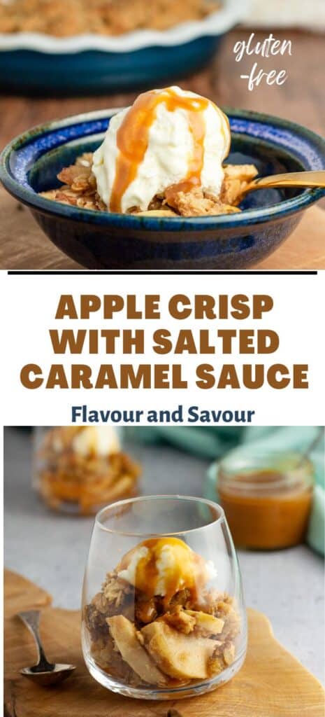 Two images and text for apple crisp with salted caramel sauce.