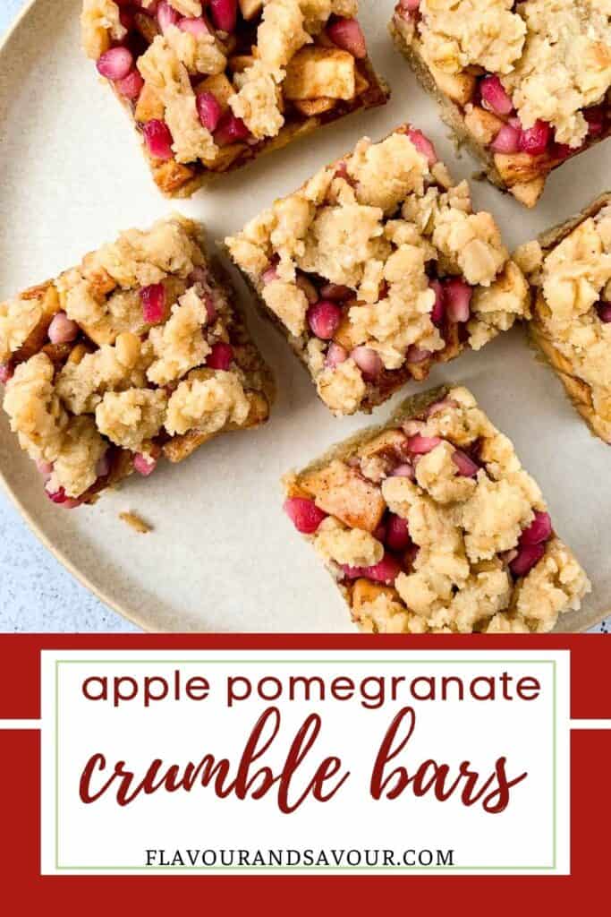 image with text overlay for apple pomegranate crumble bars