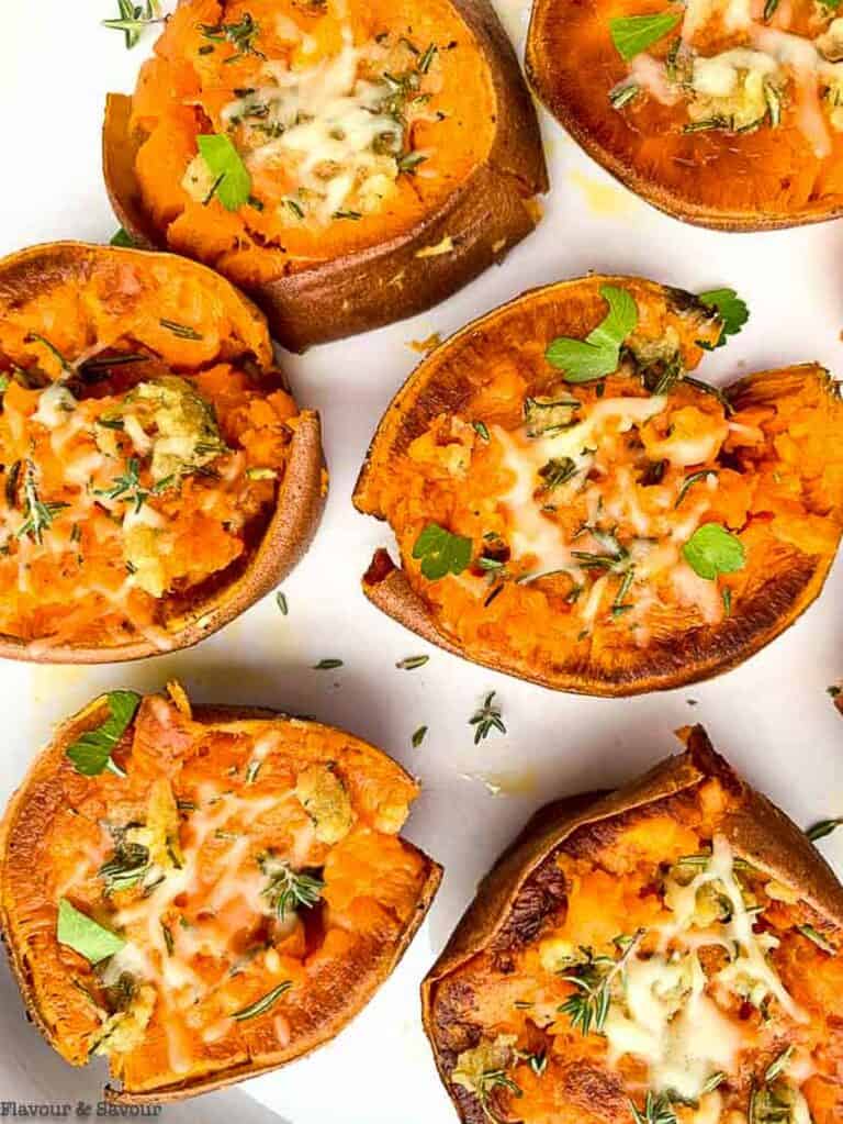 Rosemary Garlic Smashed Sweet Potatoes - Flavour and Savour