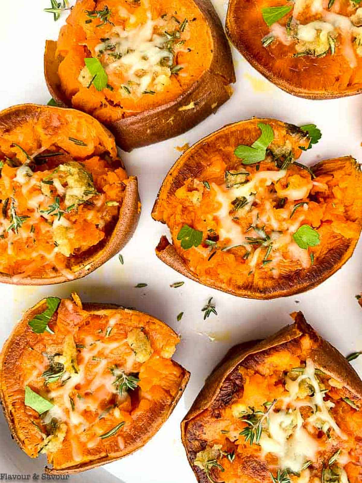 overhead view of rosemary garlic smashed sweet potatoes