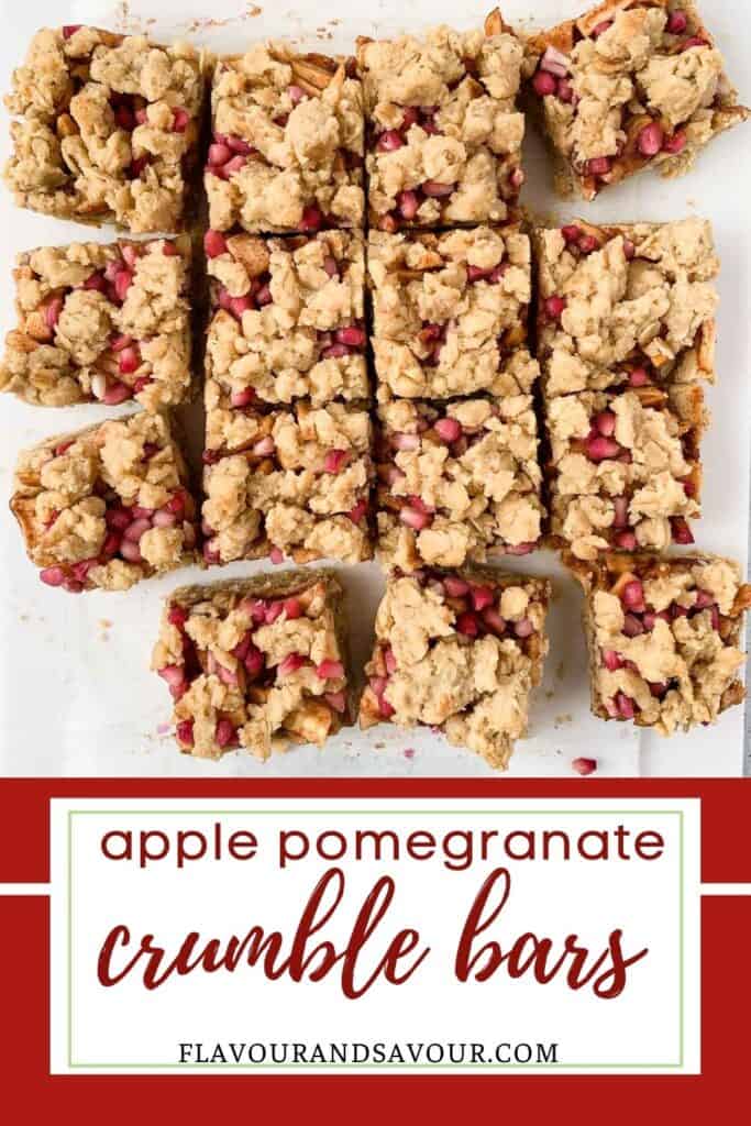 image with text overlay for apple pomegranate crumble bars