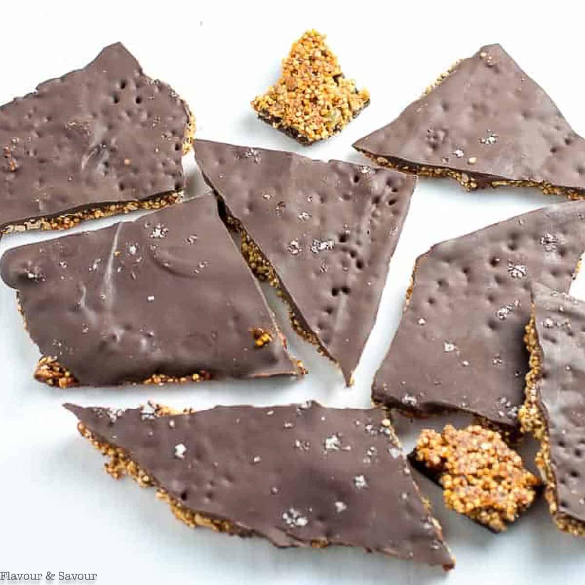 broken slabs of dark chocolate bark with quinoa