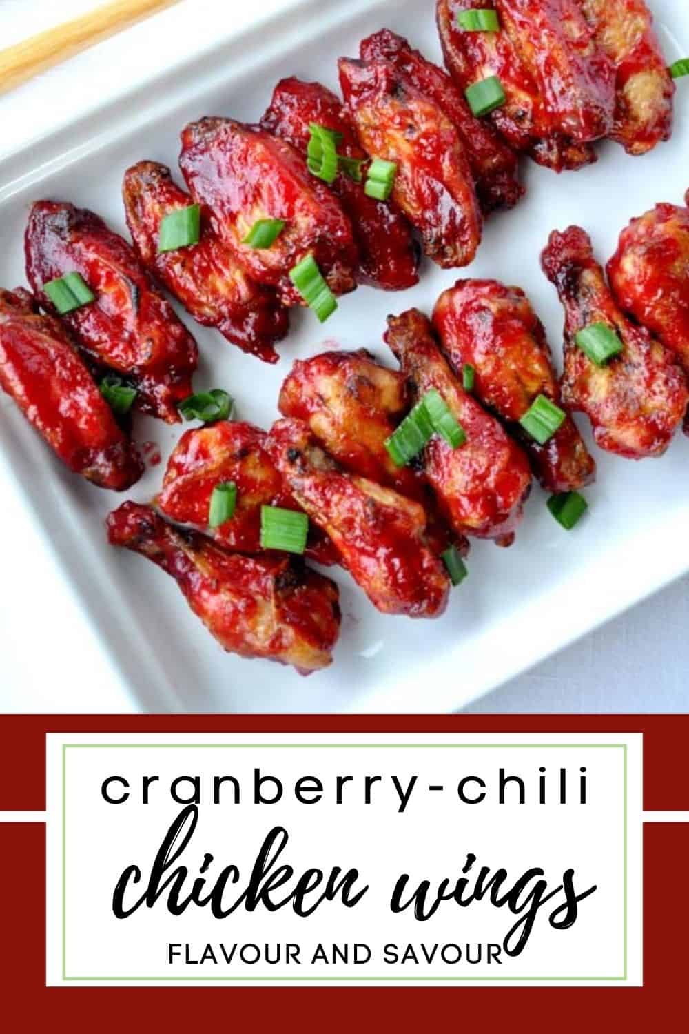  image with text overlay for cranberry glazed chili chicken wings