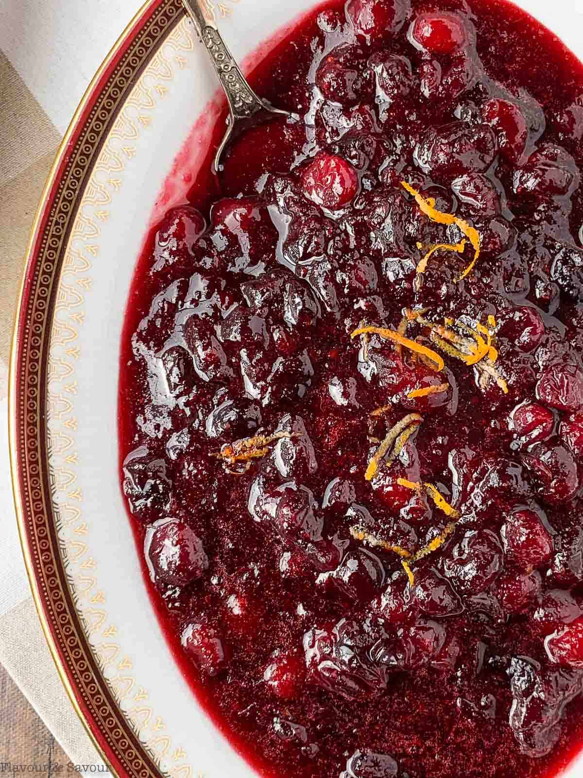 Close up view of cranberry orange sauce with Triple sec.