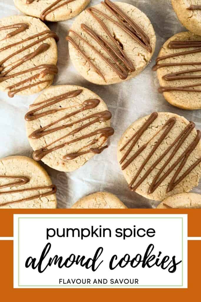 Image with text overlay for pumpkin spice almond cookies