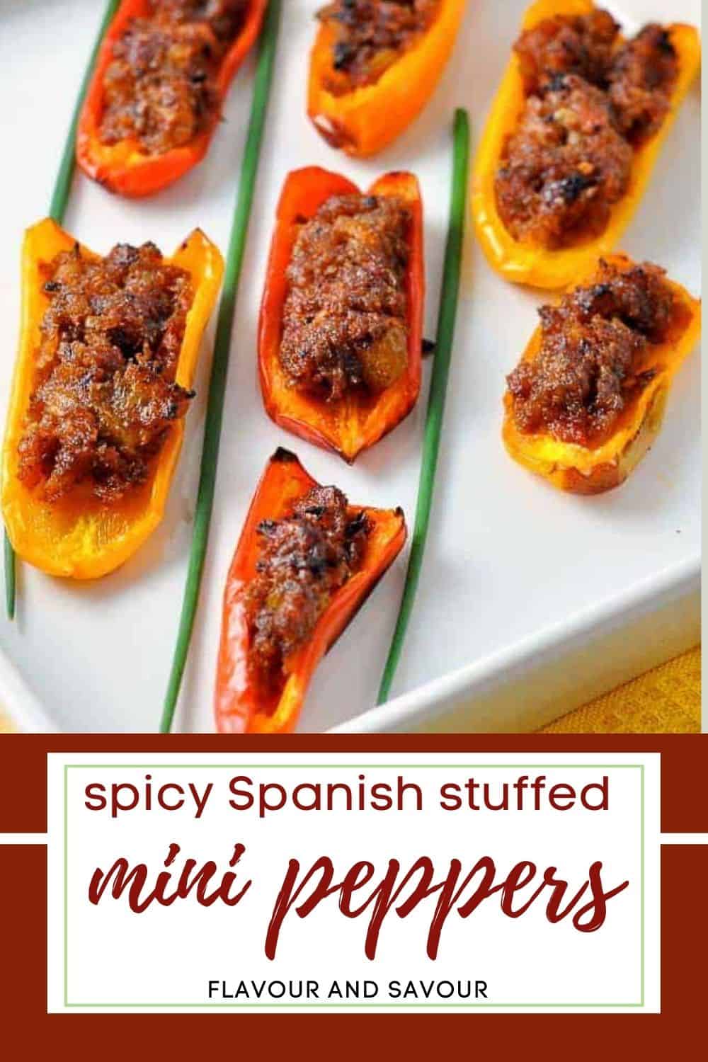 image with text for spicy stuffed mini peppers
