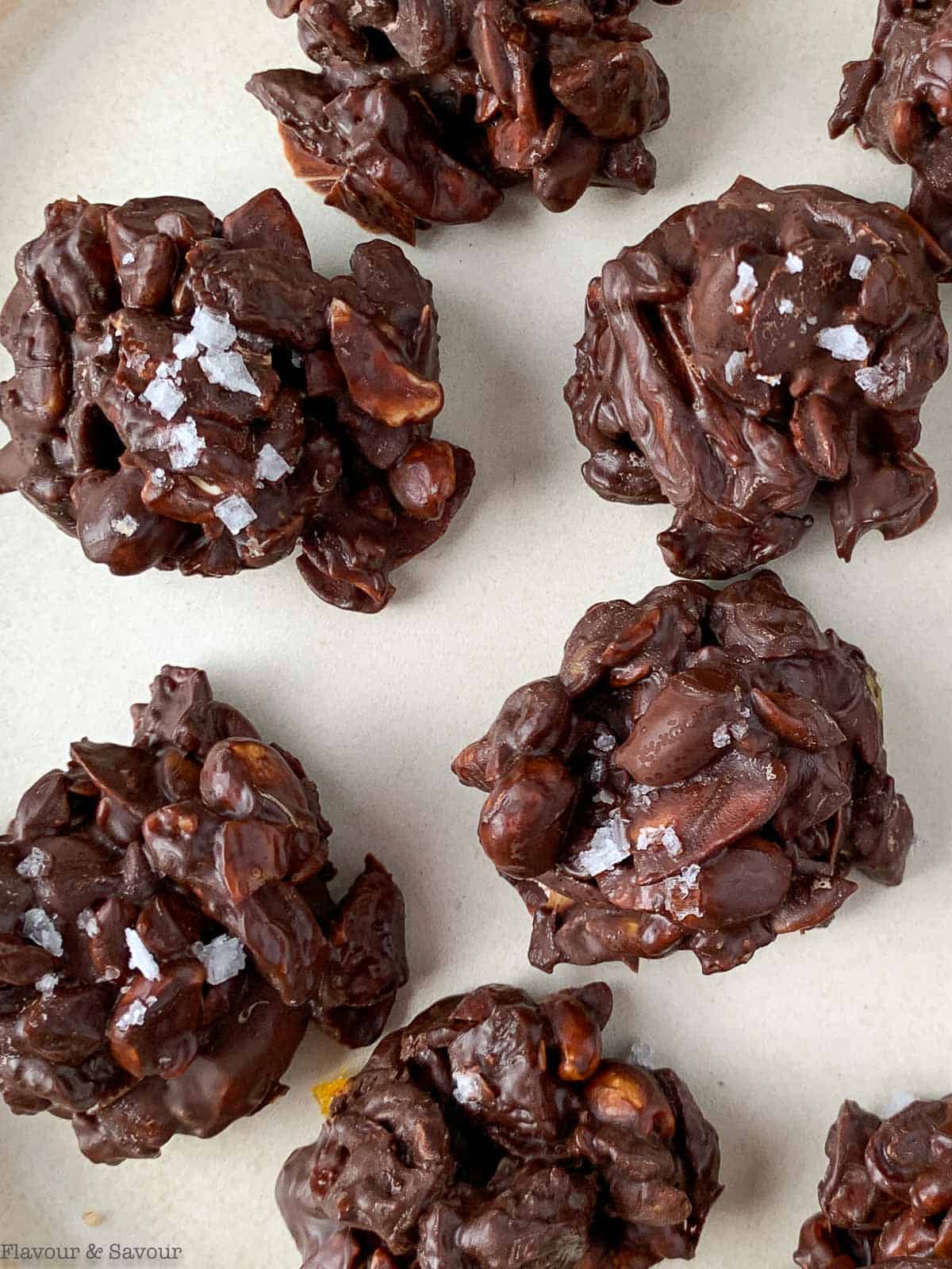 Chocolate nut clusters with flaky sea salt.