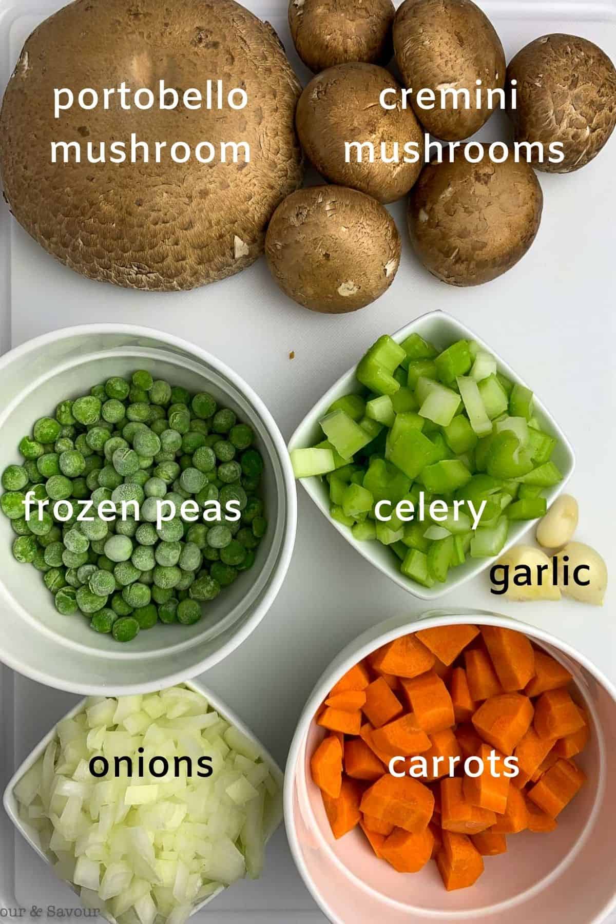 Vegetable ingredients for mini vegetarian shepherd's pie.